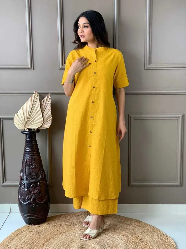 Yellow Khadi Cotton Ethnic Kurta Palazzo Set